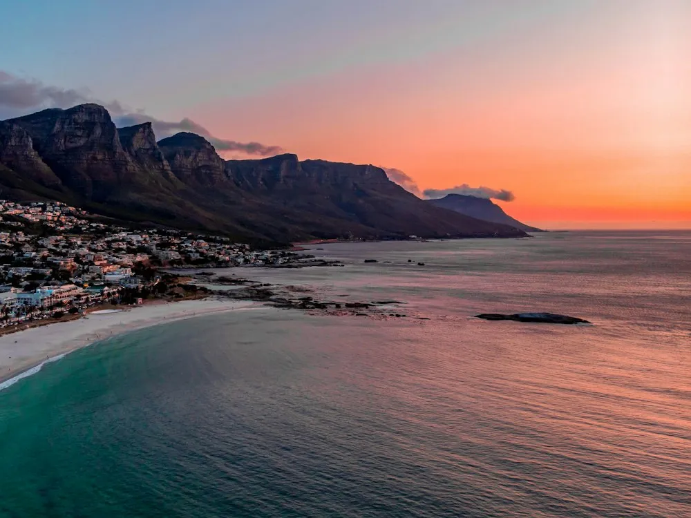 Cape Town's coastline and mountains at sunset